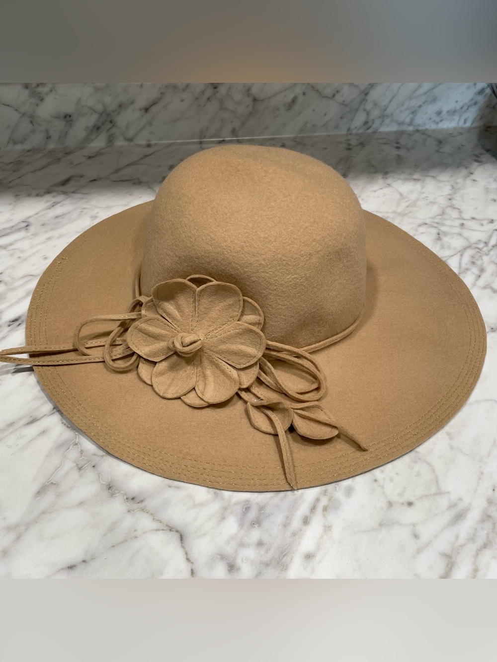 Old Country Road Wool Camel Wide Brim Floppy Hat W/ Floral Accent Boho Western